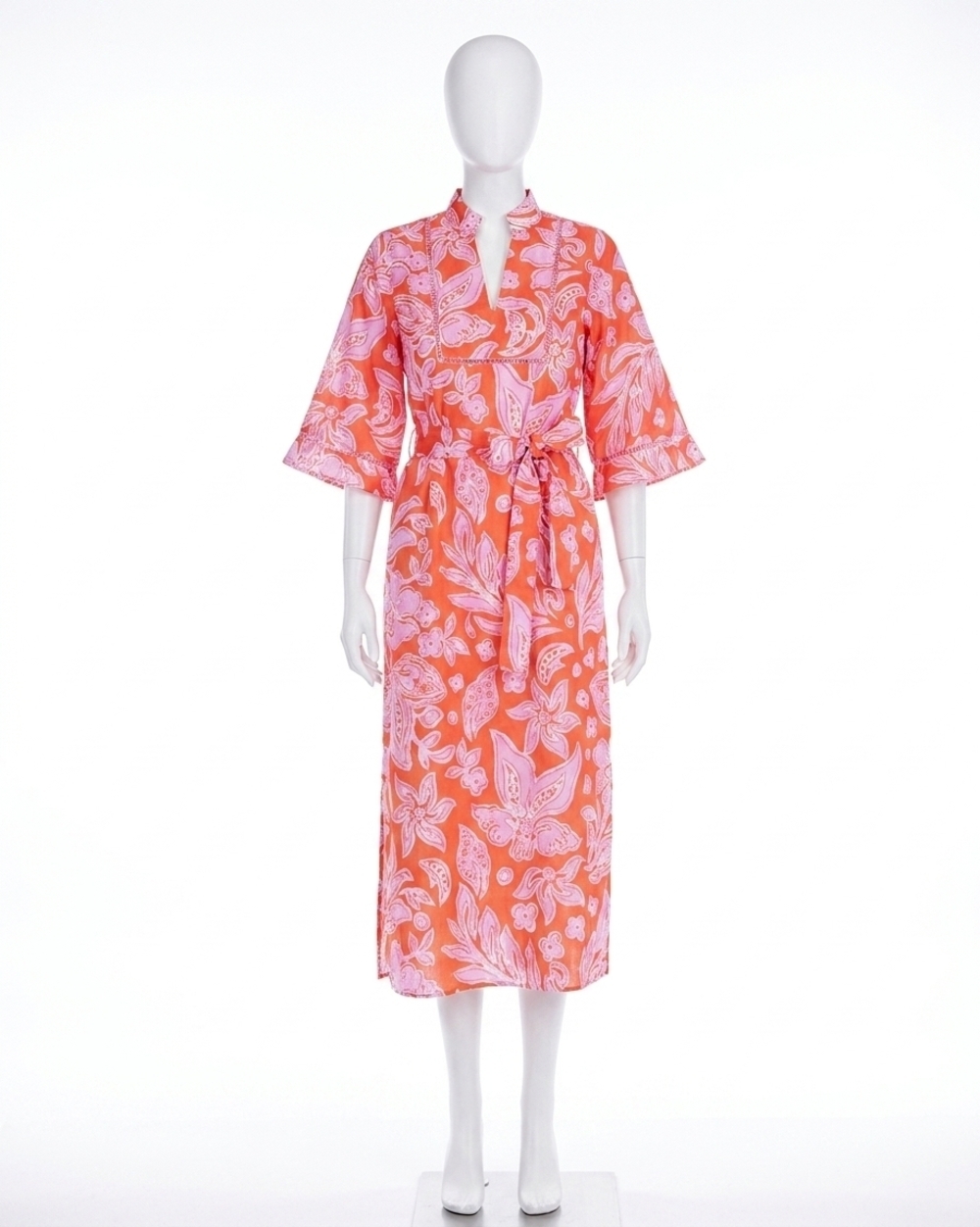 NEW JADE trimmed yoke tunic midi dress in orange petal